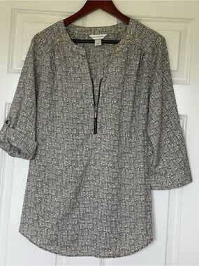 Christopher & Banks Gray and White Patterned Zip-Front Tunic
